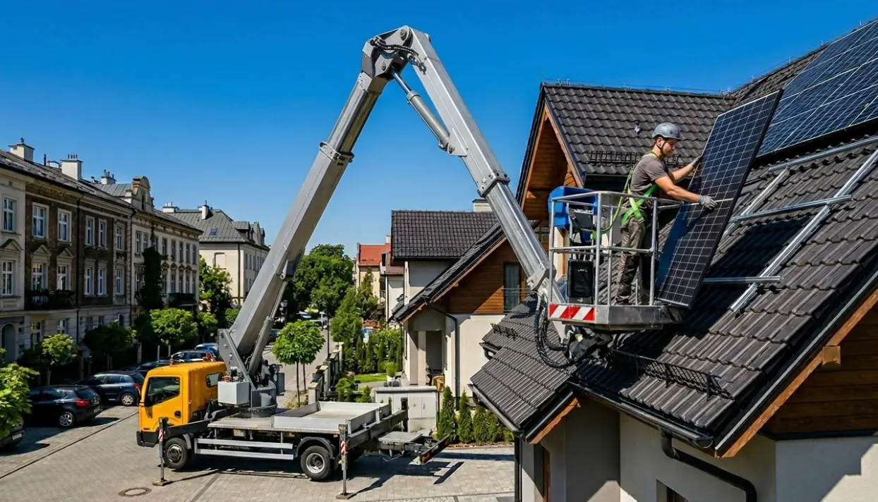 Transport elementów na dach z podnośnika w Krakowie